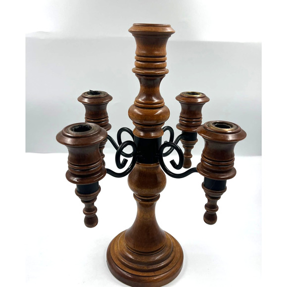 Vintage Candelabra Wooden Curved Metal 4 Arms Stick Candle Holder Decor - Picture 11 of 11